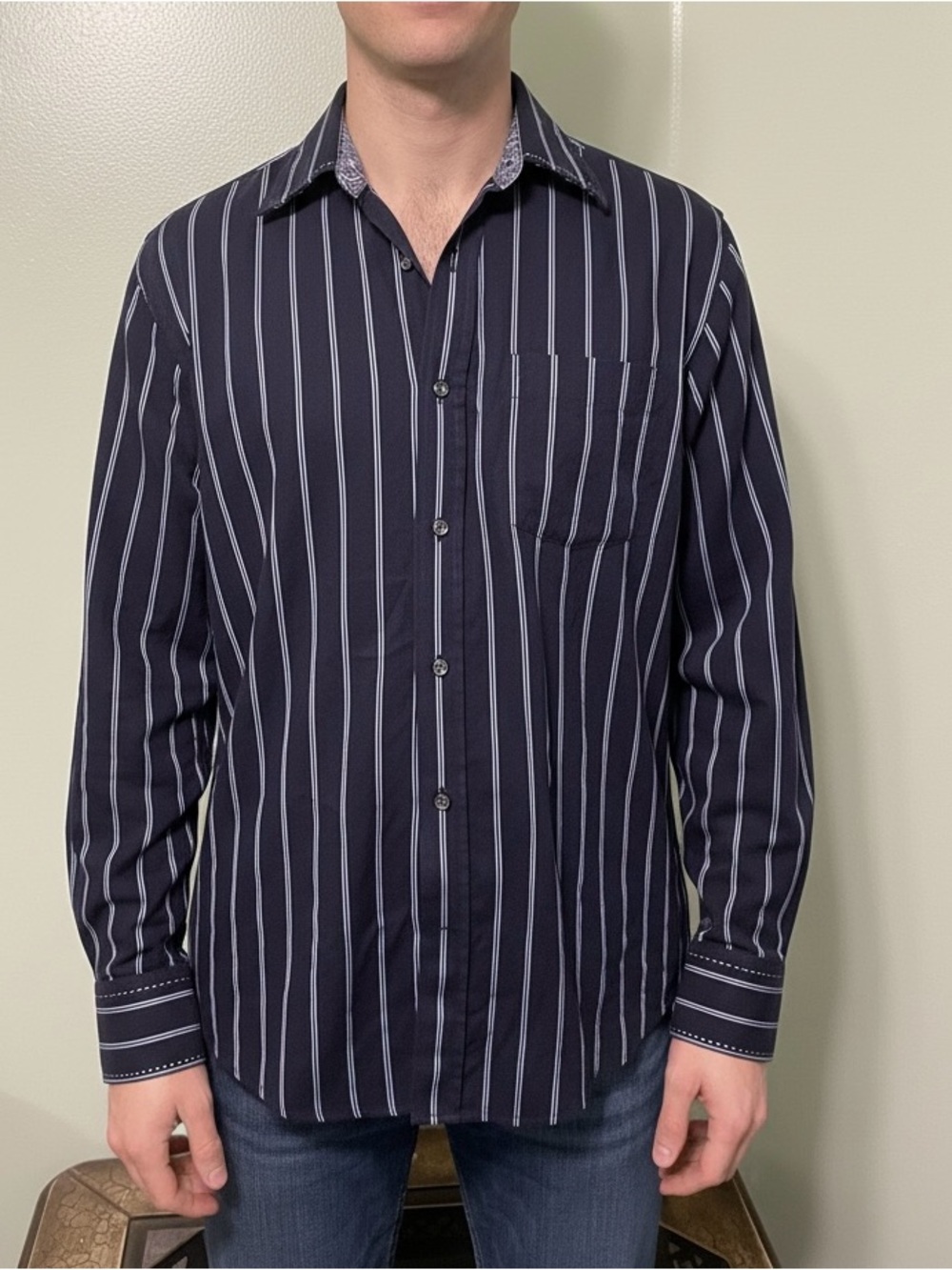 Blue Pronto Uomo Men's Navy Vertical Stripe Button-Up Shirt Cotton Size L